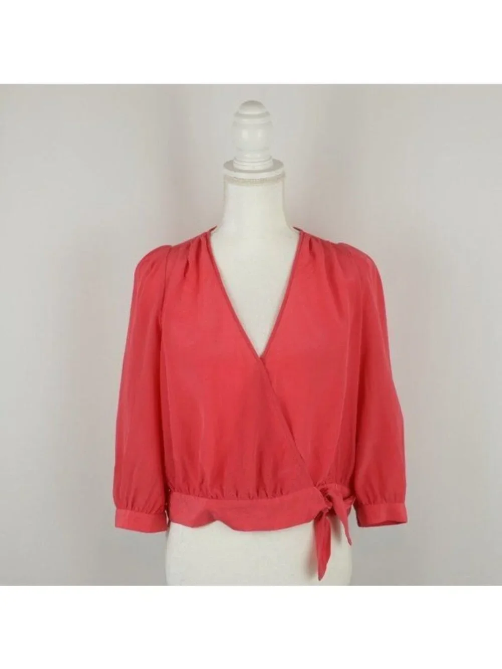Madewell Women's Medium Bright Ember Orange Silk 3/4 Sleeve Wrap Blouse
